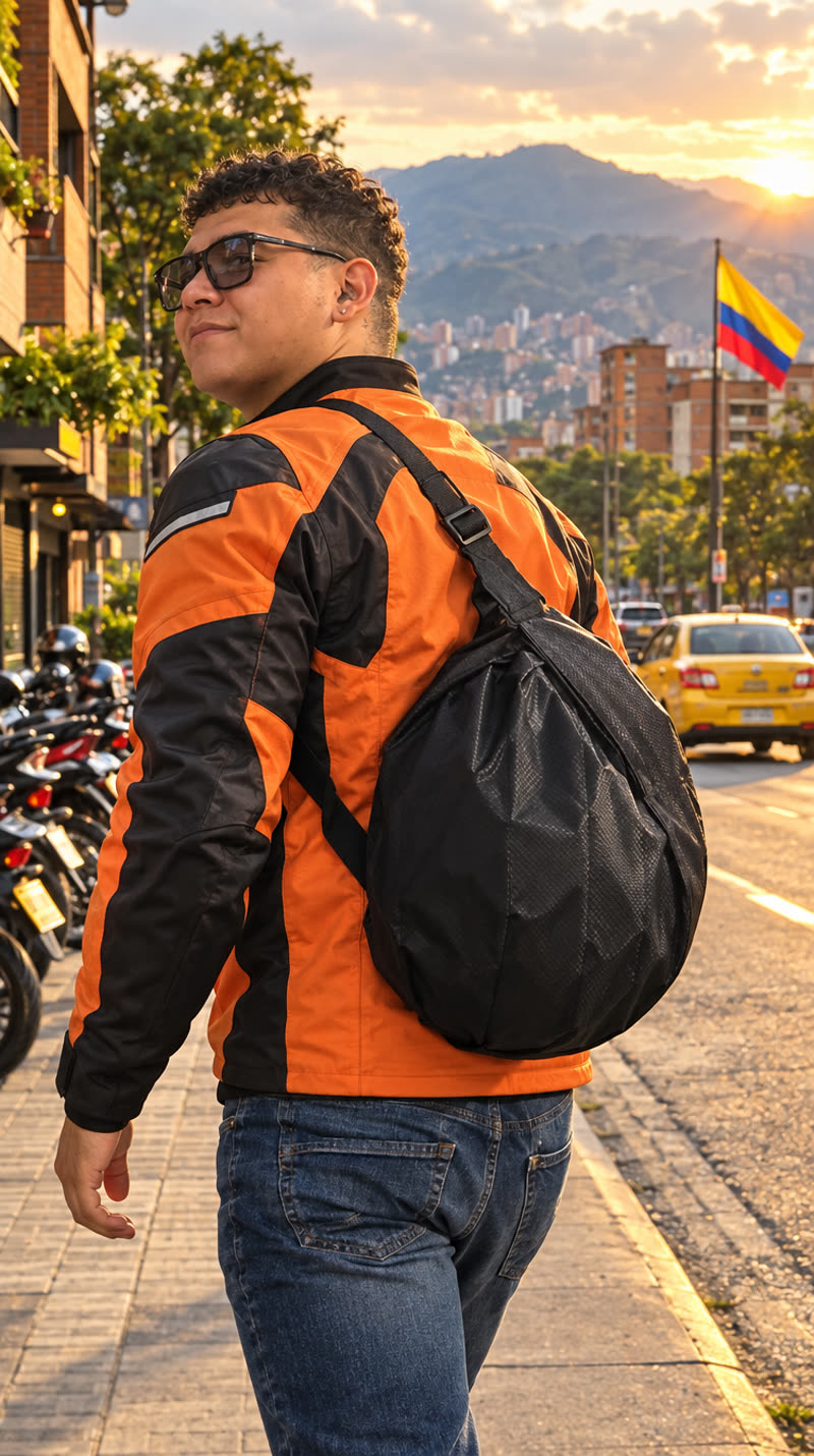 Motero caminando con la tula a la espalda