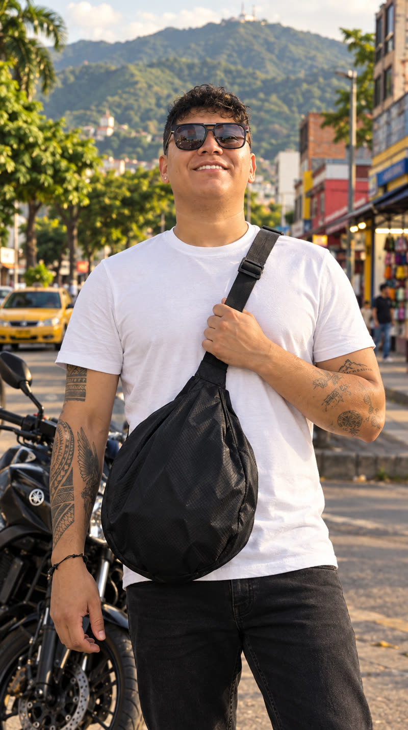 Hombre sonriendo con la tula cruzada al pecho