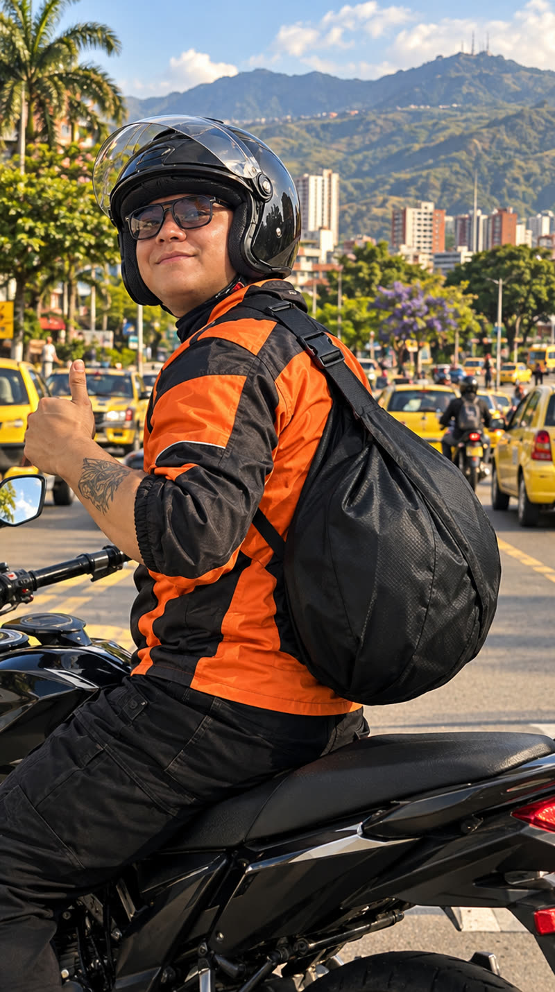 Motero en su moto con el casco puesto y la tula a la espalda